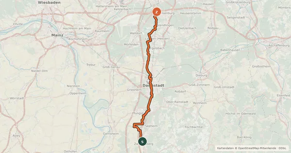 Kartenübersicht der Radroute Südhessen-Route 17