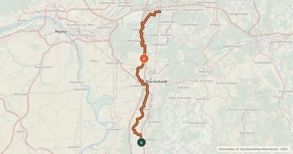 Kartenübersicht der Radroute Südhessen-Route 19