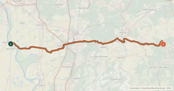 Kartenübersicht der Radroute Südhessen-Route 20