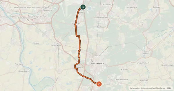 Kartenübersicht der Radroute Südhessen-Route 21