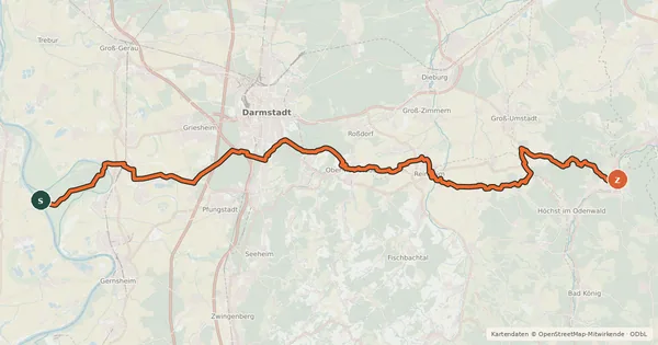 Kartenübersicht der Radroute Südhessen-Route 22