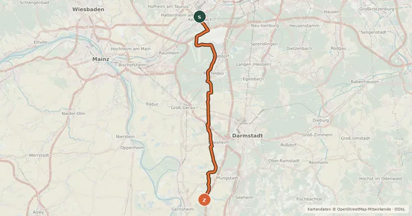 Kartenübersicht der Radroute Südhessen-Route 23