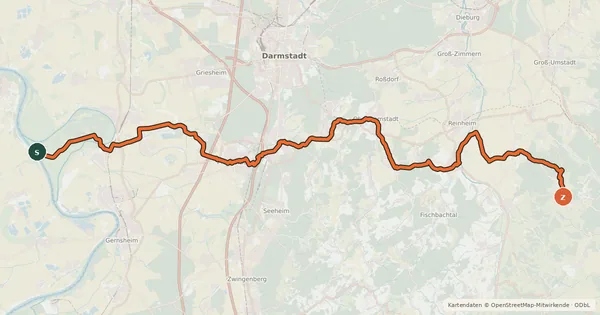 Kartenübersicht der Radroute Südhessen-Route 24