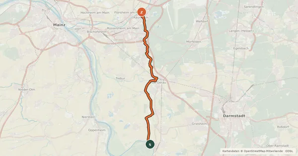 Kartenübersicht der Radroute Südhessen-Route 27