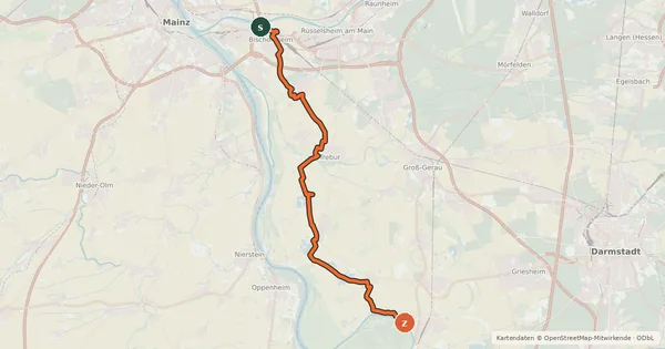 Kartenübersicht der Radroute Südhessen-Route 31