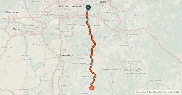 Kartenübersicht der Radroute Südhessen-Route 7