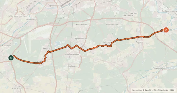 Kartenübersicht der Radroute Südhessen-Route 8