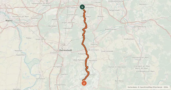 Kartenübersicht der Radroute Südhessen-Route 9