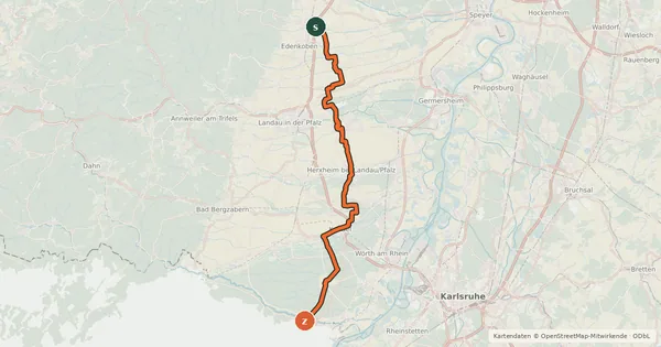 Kartenübersicht der Radroute Südpfalzradweg