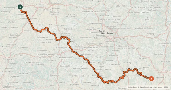 Kartenübersicht der Radroute Tauber-Altmühl-Radweg