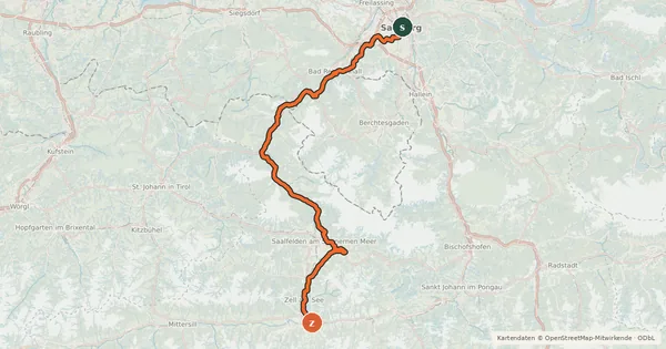 Kartenübersicht der Radroute Tauernradweg, Etappe Salzburg - Zell am See