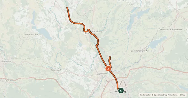 Kartenübersicht der Radroute Tauernradweg (Stadt Salzburg - Landesgrenze Oberösterreich)