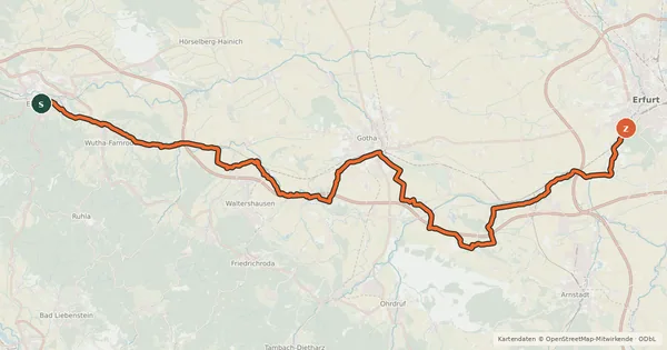 Kartenübersicht der Radroute Thüringer Städtekette Eisenach - Erfurt