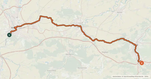 Kartenübersicht der Radroute Thüringer Städtekette Erfurt - Jena