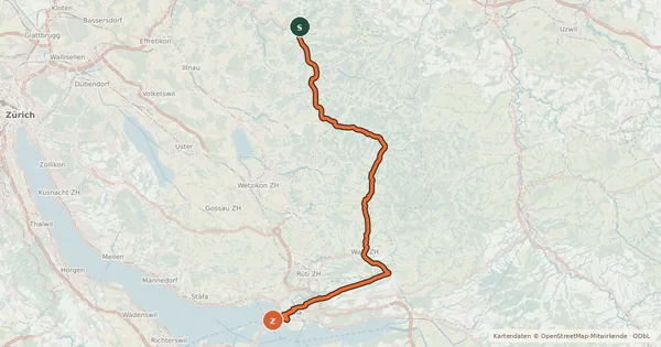 Kartenübersicht der Radroute Töss-Jona-Route