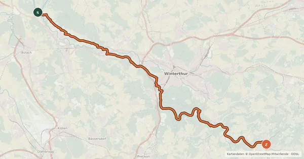 Kartenübersicht der Radroute Töss-Jona-Route