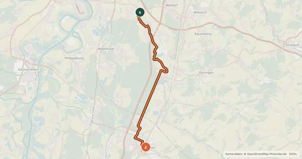 Kartenübersicht der Radroute Tour de Spargel - Abschnitt Reilingen-Bruchsal