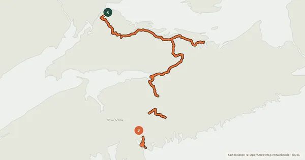 Kartenübersicht der Radroute Trans Canada Trail (NB to Halifax)