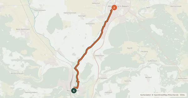Kartenübersicht der Radroute Treuchtlingen-Weißenburg