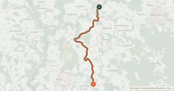 Kartenübersicht der Radroute Über die Höhen nach Büchlberg