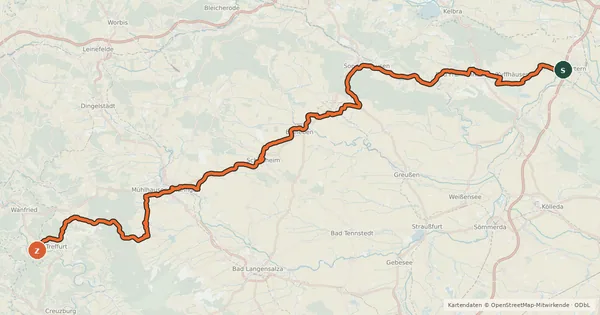 Kartenübersicht der Radroute Unstrut-Werra-Radweg