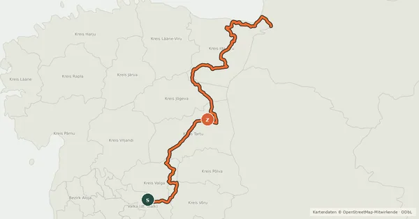 Kartenübersicht der Radroute Valga - Narva cycle route