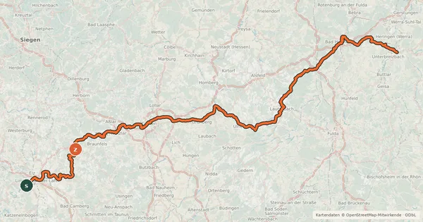 Kartenübersicht der Radroute Von der Lahn zur Werra
