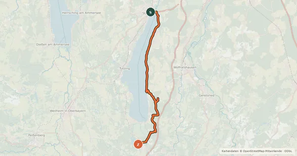 Kartenübersicht der Radroute von Starnberg zum Ostersee