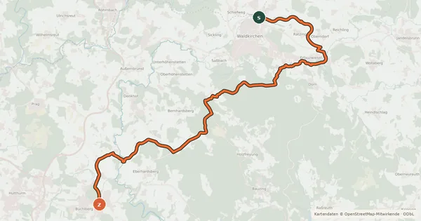 Kartenübersicht der Radroute Von Waldkirchen nach Büchlberg