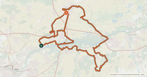 Kartenübersicht der Radroute Wasserspuren - Schwäbisches Donautal - Route 1
