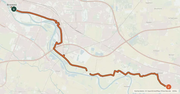 Kartenübersicht der Radroute Weser (alt.)