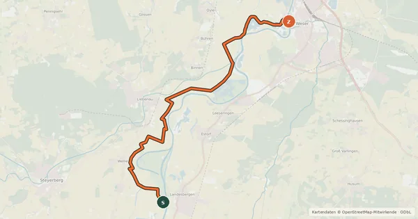 Kartenübersicht der Radroute Weserradweg (Alternativstrecke)