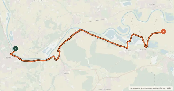Kartenübersicht der Radroute Weserradweg Nebenroute Rinteln - Kalletal - Vlotho