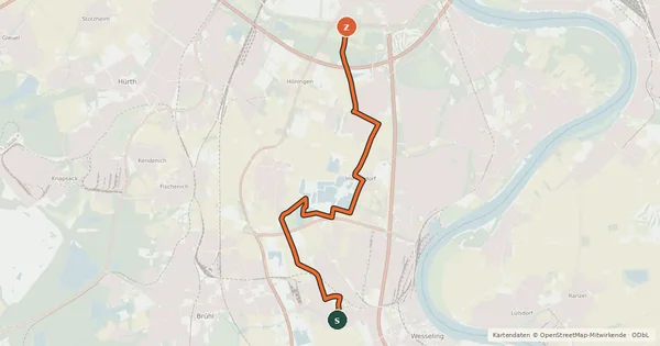 Kartenübersicht der Radroute Wesseling (79) - Köln (86)