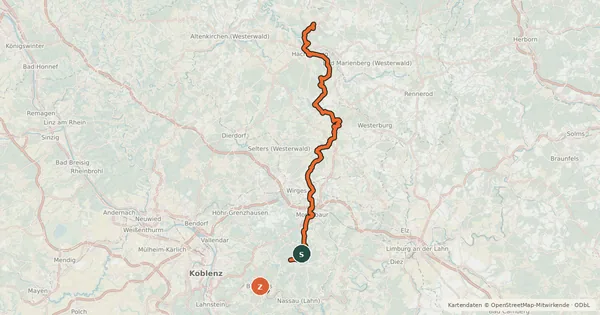 Kartenübersicht der Radroute Westerwald-Lahn-Radweg
