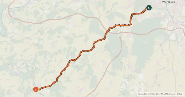 Kartenübersicht der Radroute Würzburg - Werbach (Alter D9-Verlauf)