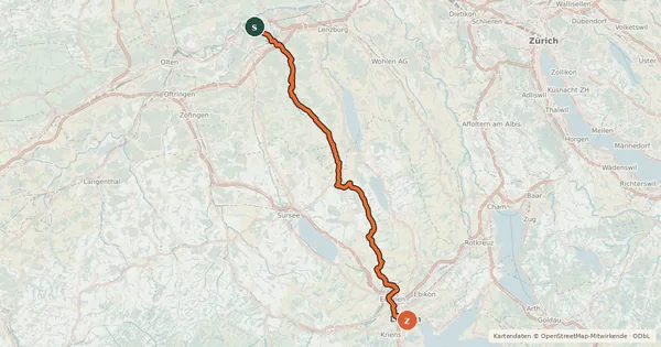 Kartenübersicht der Radroute Wynental-Route