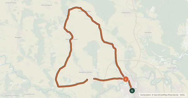 Kartenübersicht der Radroute Zwettl Radweg 2, gelb