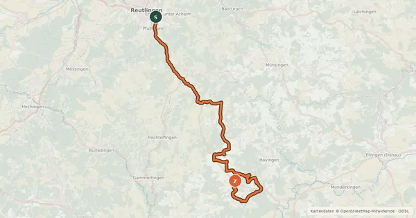 Kartenübersicht der Radroute Zwiefalter-Alb-Radweg
