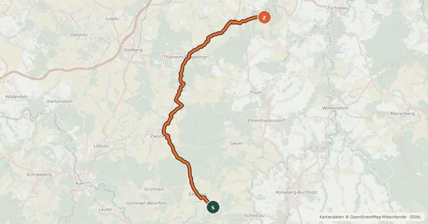 Kartenübersicht der Radroute Zwönitztalradweg