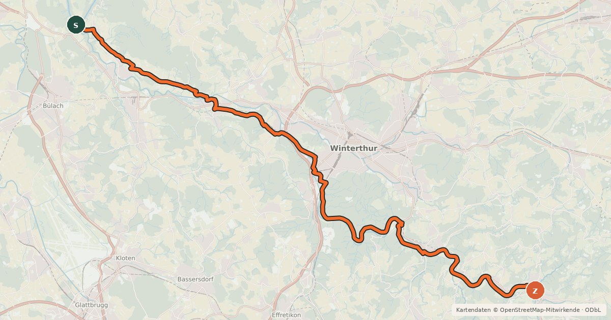 Kartenübersicht der Radroute Töss-Jona-Route