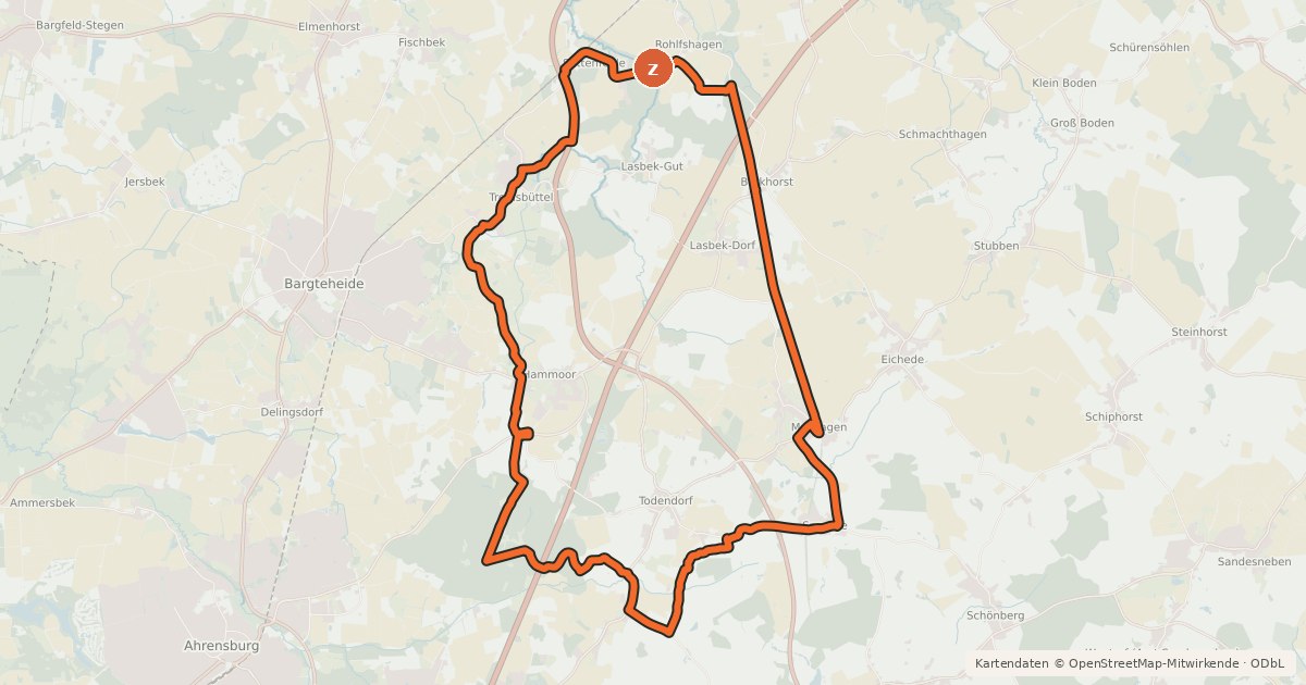 Kartenübersicht der Radroute Tour 13, Radwander-Rundweg, Stormarn