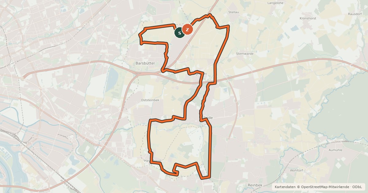 Kartenübersicht der Radroute Tour 20, Radwander-Rundweg, Stormarn