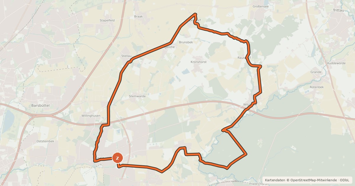 Kartenübersicht der Radroute Tour 21, Radwander-Rundweg, Stormarn