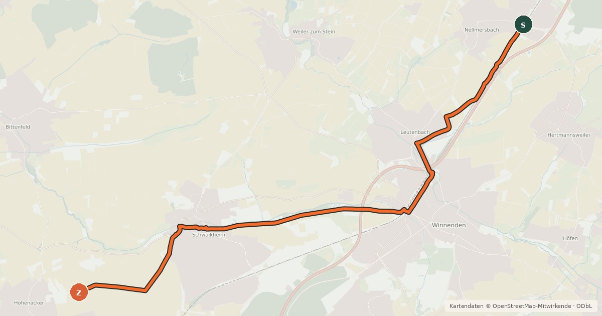 Kartenübersicht der Radroute Tour an Rems & Murr