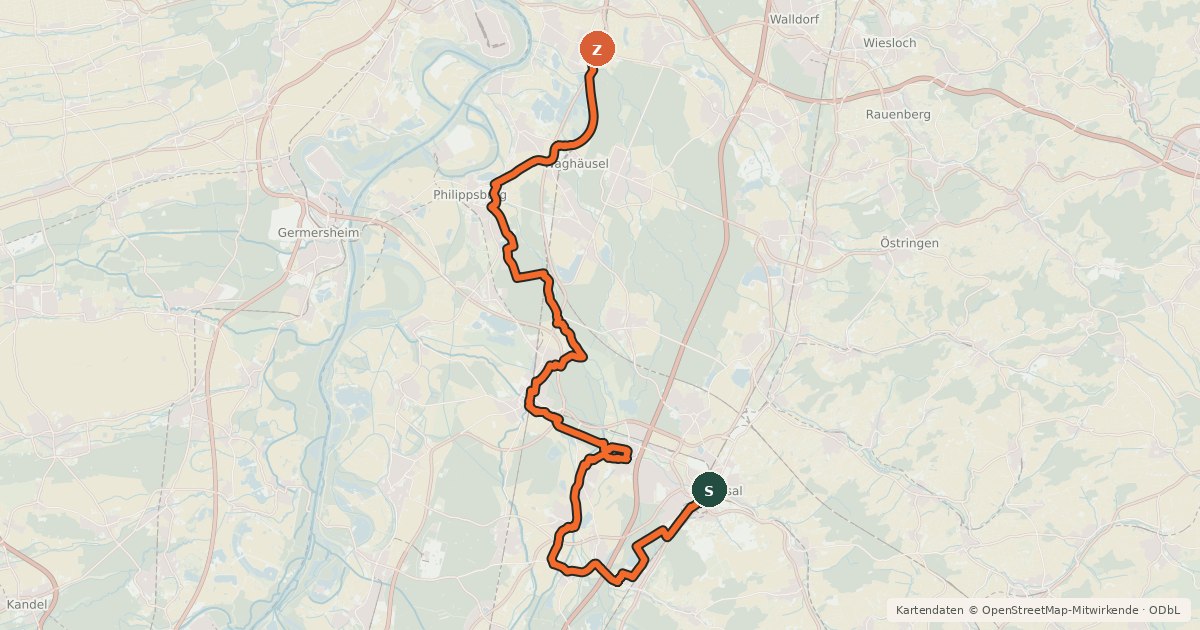 Kartenübersicht der Radroute Tour de Spargel - Abschnitt Bruchsal-Neulußheim