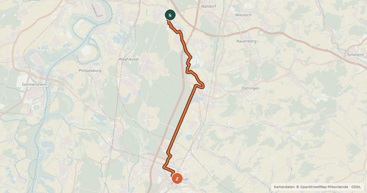 Kartenübersicht der Radroute Tour de Spargel - Abschnitt Reilingen-Bruchsal