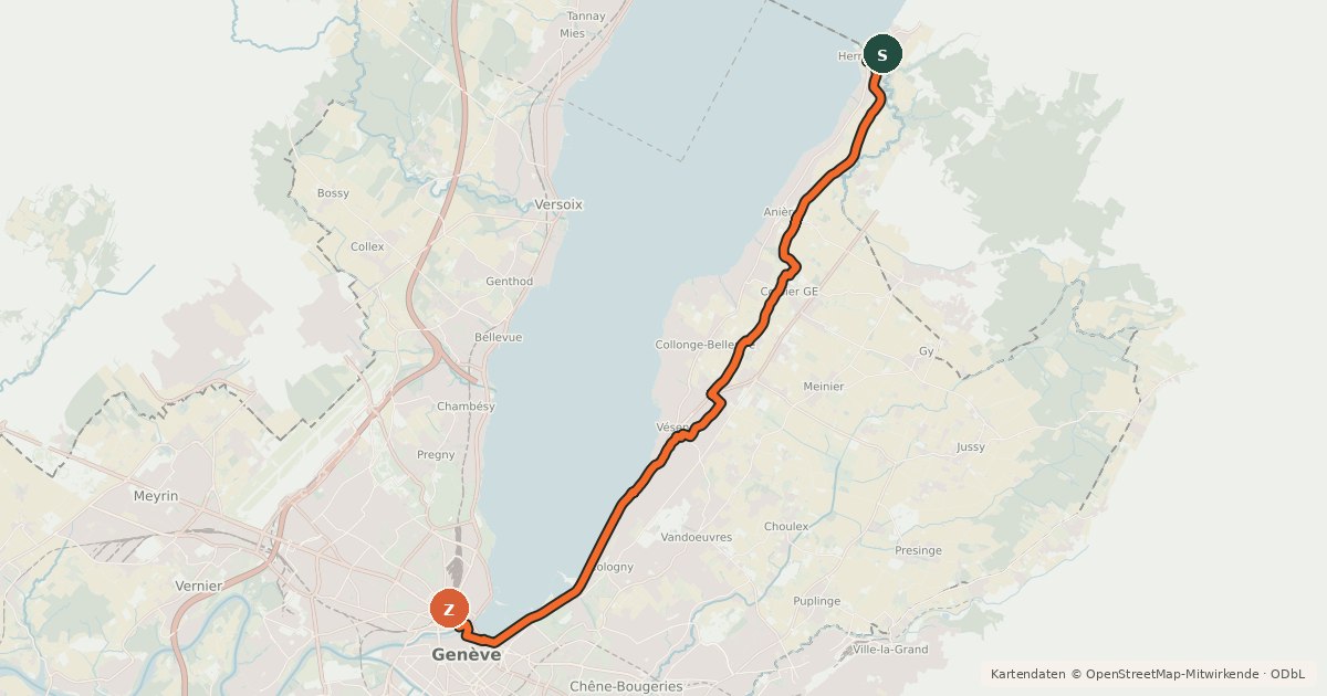 Kartenübersicht der Radroute Tour du Léman - Étape 1