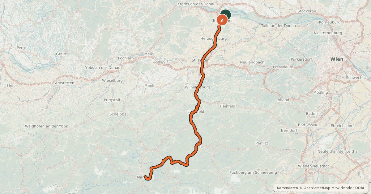 Kartenübersicht der Radroute Traisental-Radweg