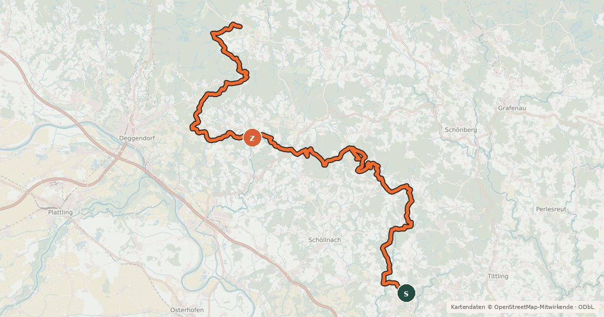 Kartenübersicht der Radroute Trans Bayerwald Südroute Etappe 6